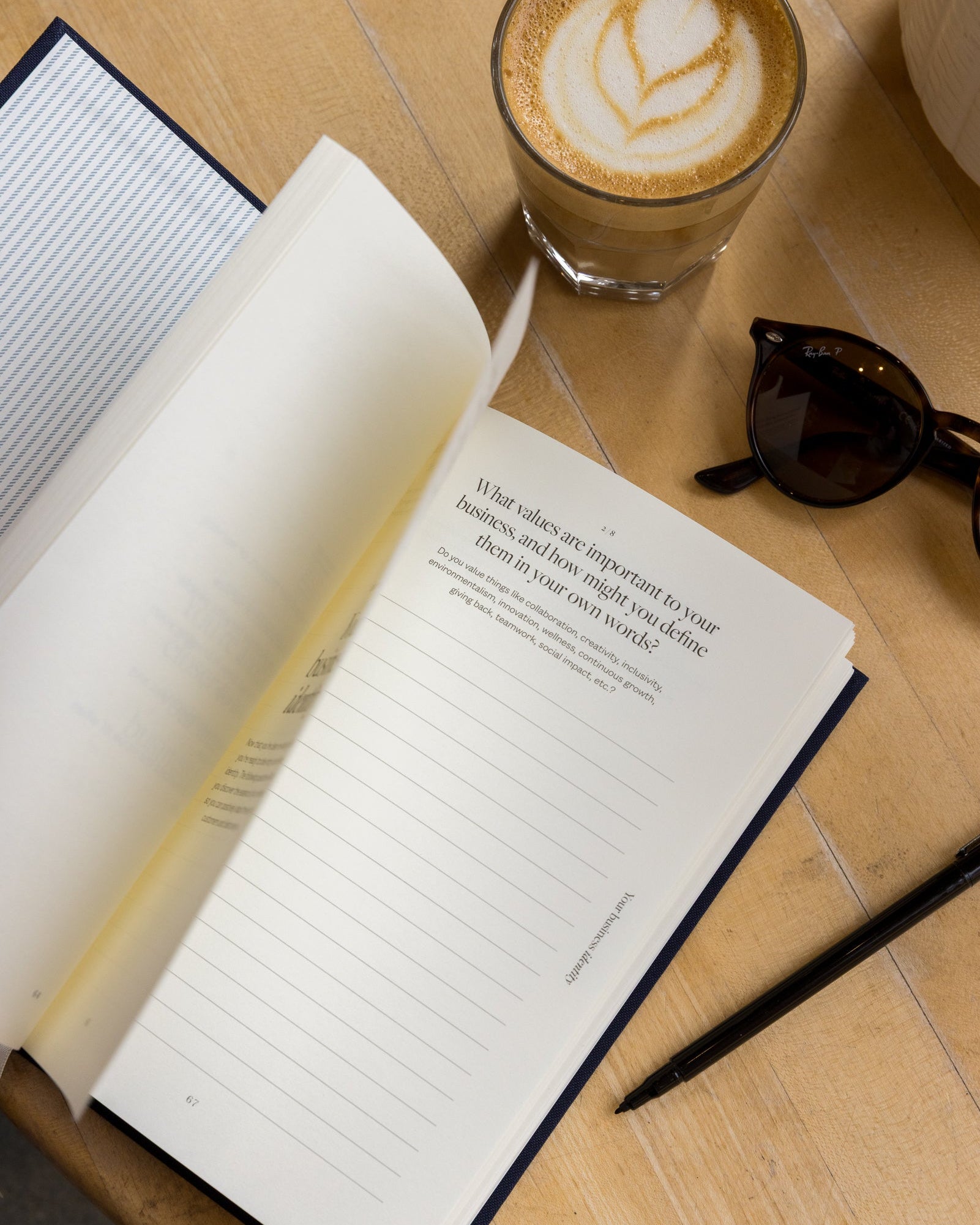 Open Bedside Business Plan with a glass of coffee and sunglasses on a wooden surface